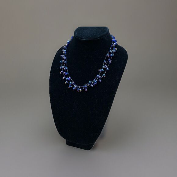 Boho Beaded Necklace Iridescent Purple Blue Glass Beads Layered Vintage Jewelry - Picture 5 of 7